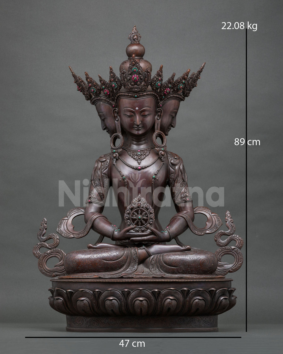 Sarvavid Vairocana statue, 89 cm four-headed oxidized copper Buddhist sculpture from Nepal, front view
