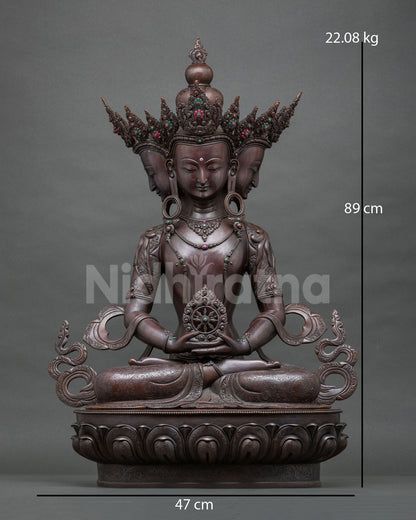 Sarvavid Vairocana statue, 89 cm four-headed oxidized copper Buddhist sculpture from Nepal, front view