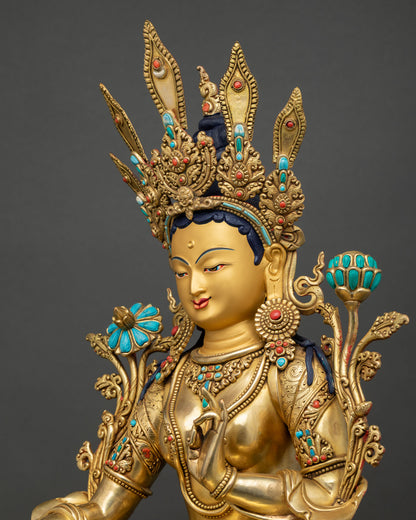 Seated Green Tara Buddha with lotus pedestal handcrafted Nepal compassion statue