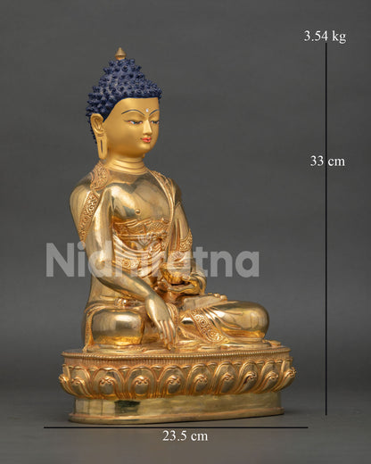 Seated Shakyamuni Buddha statue on lotus pedestal with Earth Touching Mudra and begging bowl