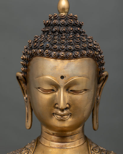 Serene Face Close Up of Handcrafted Copper Shakyamuni Buddha Statue from Nepal