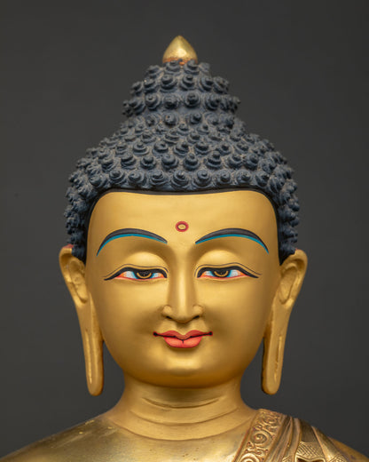 Serene golden face of Shakyamuni Buddha statue with blue hair details