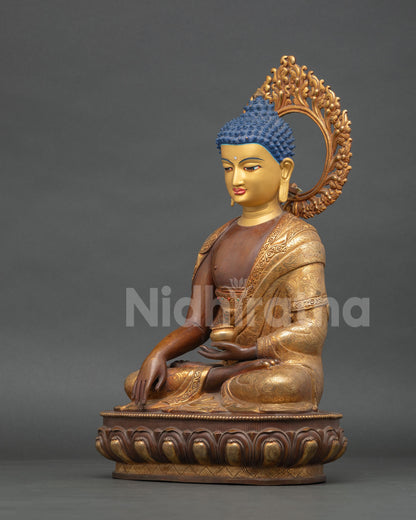 serene view of shakayamuni buddha statue showing earth touching gesture and ornate floral halo detail
