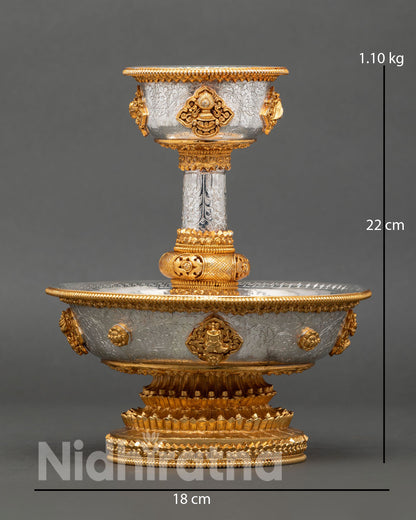 Serkyem offering set with gold plated and silver plated Buddhist altar vessel