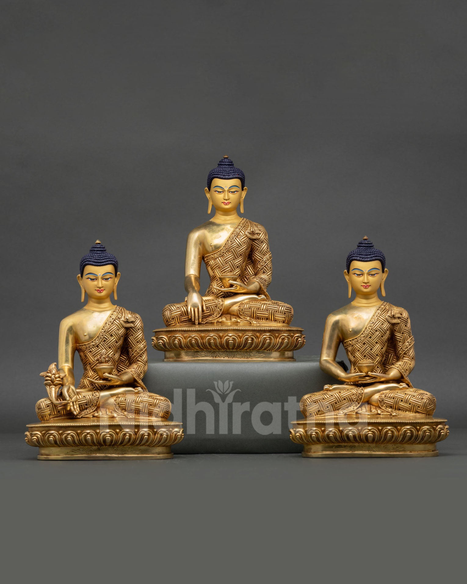 Set of 3 handcrafted gold Buddha statues — Shakyamuni, Amitabha & Medicine Buddha, Nepal fire-gilded