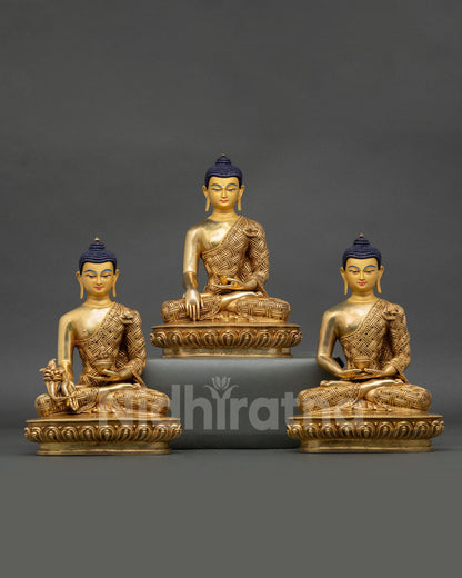 Set of 3 handcrafted gold Buddha statues — Shakyamuni, Amitabha & Medicine Buddha, Nepal fire-gilded