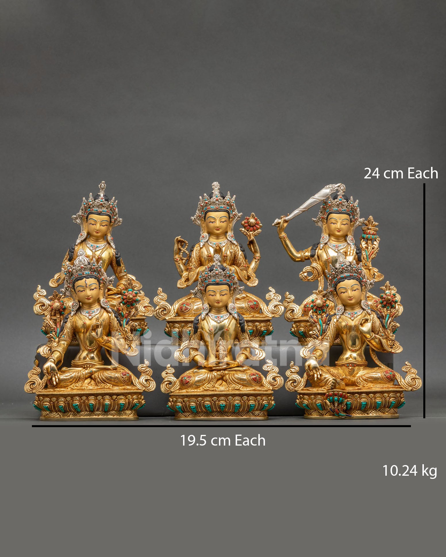 Set of Six Bodhisattva Statues – Handcrafted Copper with 24K Gold Fire-Gilding, Made in Nepal
