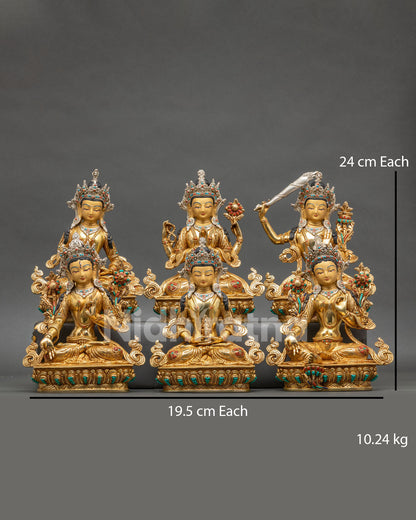 Set of Six Bodhisattva Statues – Handcrafted Copper with 24K Gold Fire-Gilding, Made in Nepal