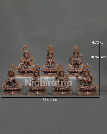 Seven Bodhisattva statue set front view handcrafted oxidized copper Buddhist figures