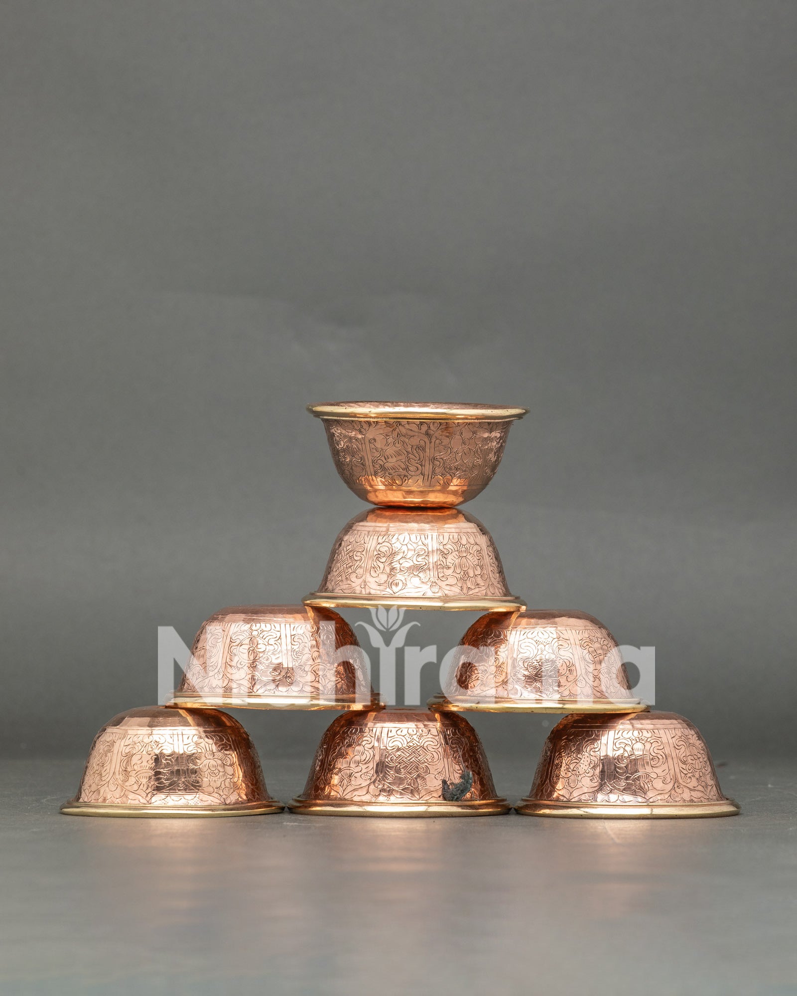 Seven Water Offering bowl set in copper by newari artisans patan nepal tibetan buddhist puja ritual altar