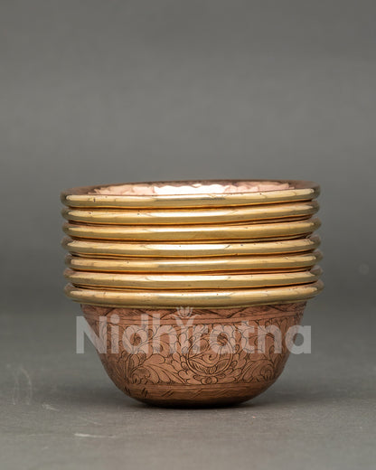 Seven water offering bowls Himalayan copper altar meditation set