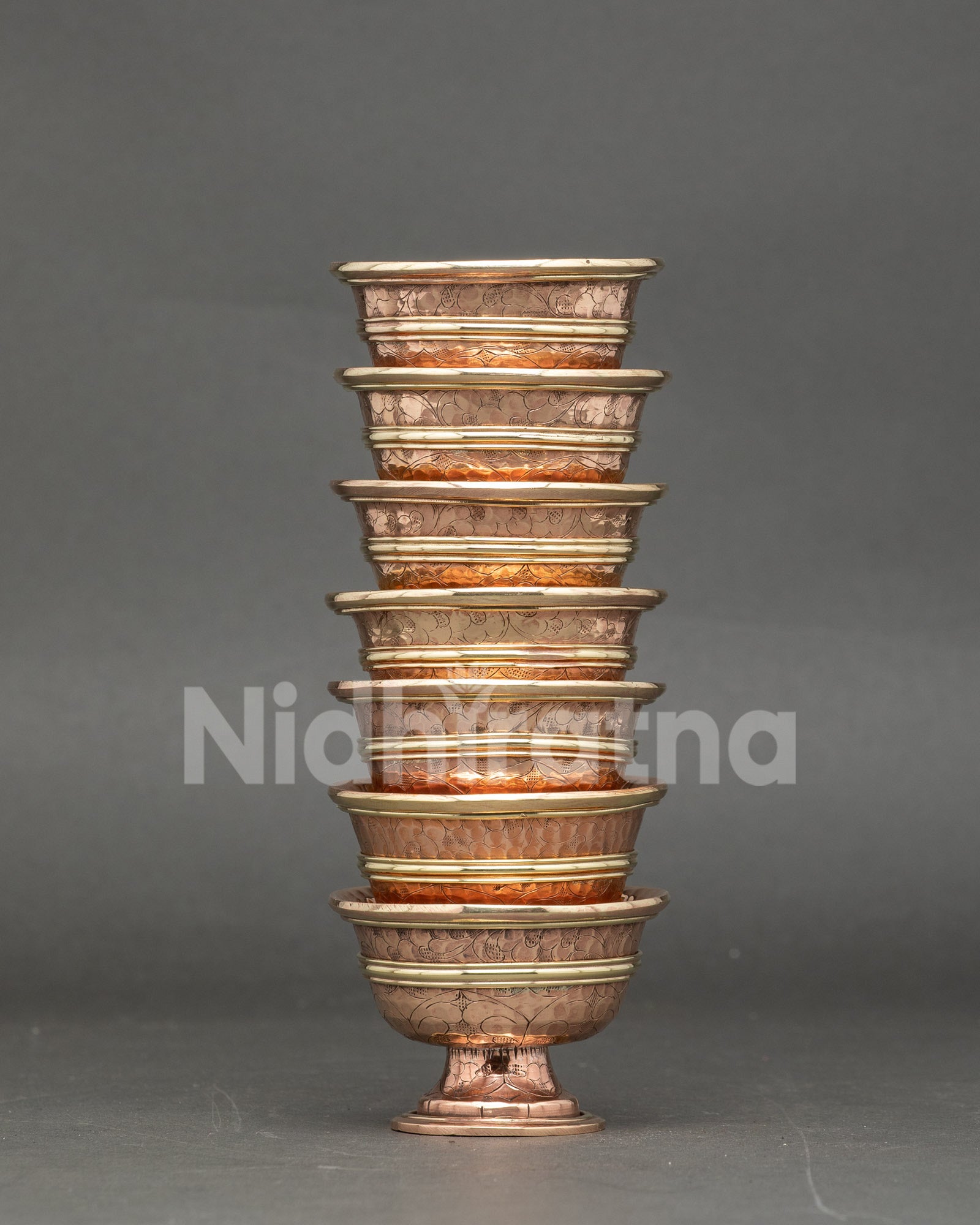 Seven water offering bowls, Himalayan copper meditation altar decor set, Nepal