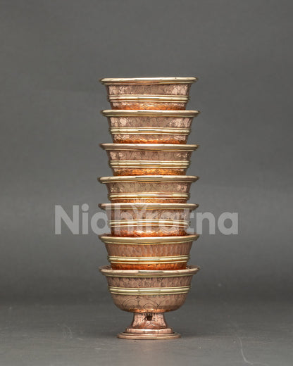 Seven water offering bowls, Himalayan copper meditation altar decor set, Nepal