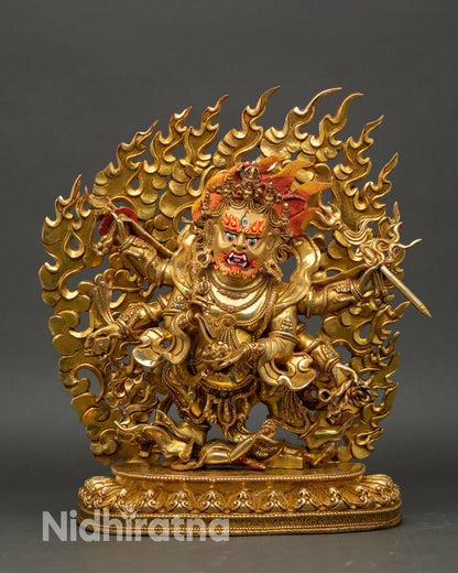 Shadbhuja Mahakala front view wrathful deity copper sculpture Nepal