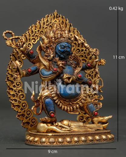 Shadbhuja Mahakala Statue featuring six arms with sacred ritual implements and gold fire gilded ornaments
