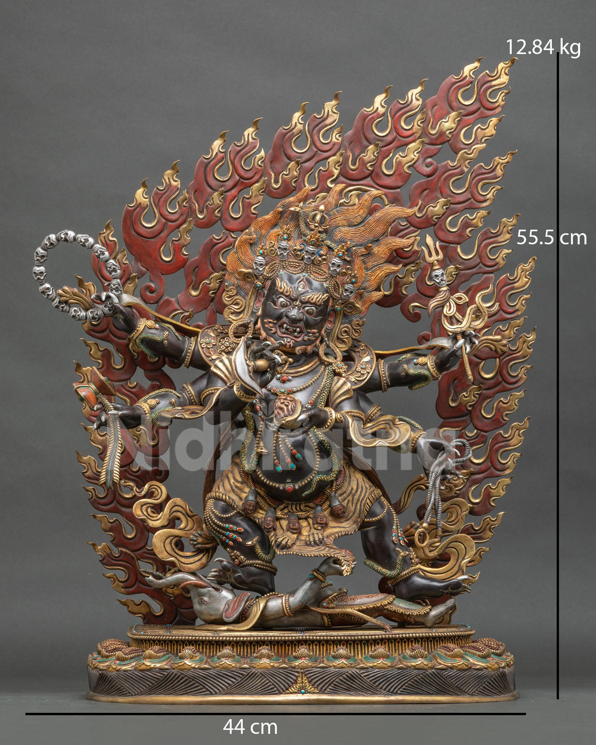 Shadbhuja Mahakala Statue front view, six-armed copper Dharma protector with flaming halo