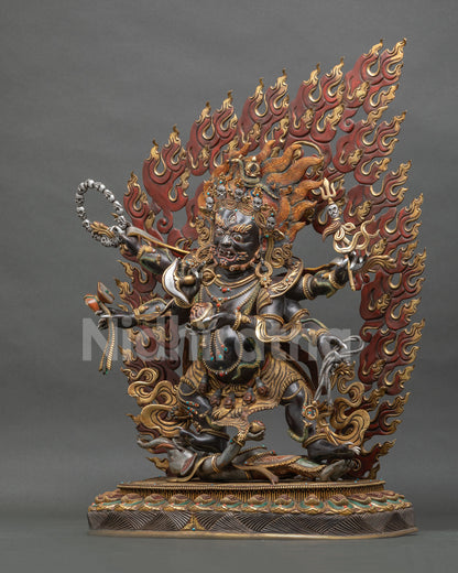 Shadbhuja Mahakala Statue left side view holding kapala, damaru and lasso in wrathful pose