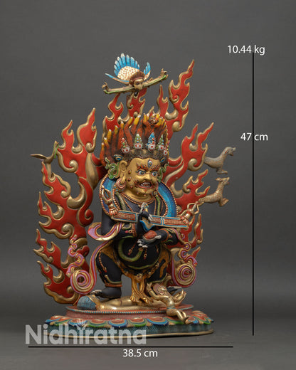 Shakya Mahakala dynamic posture standing on human figure over lotus seat with flaming halo serpent garland and tantric Buddhist symbolism.