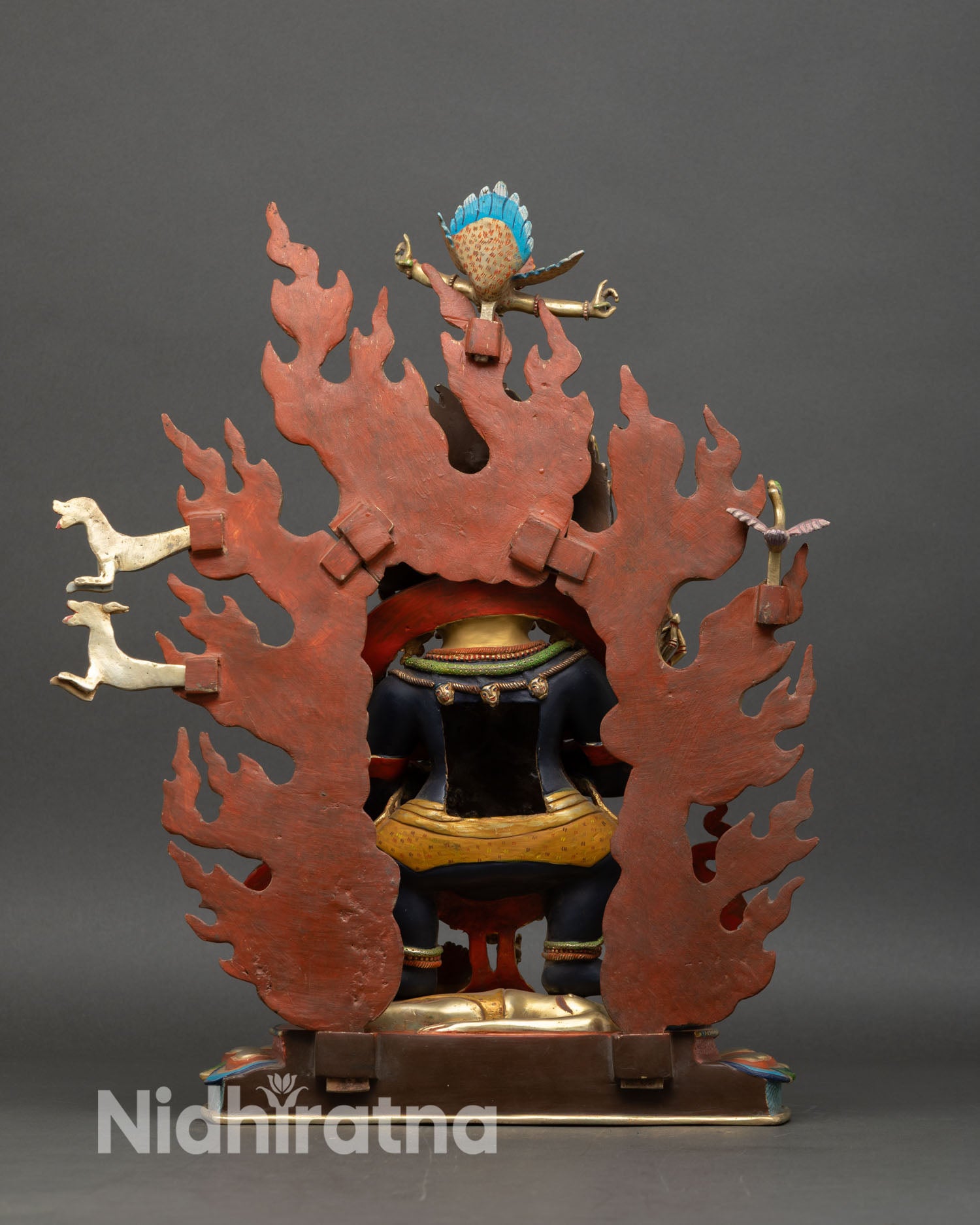 Shakya Mahakala full view traditional Newari handmade copper statue with Garuda crown five skull crown and intricate Vajrayana protective imagery.