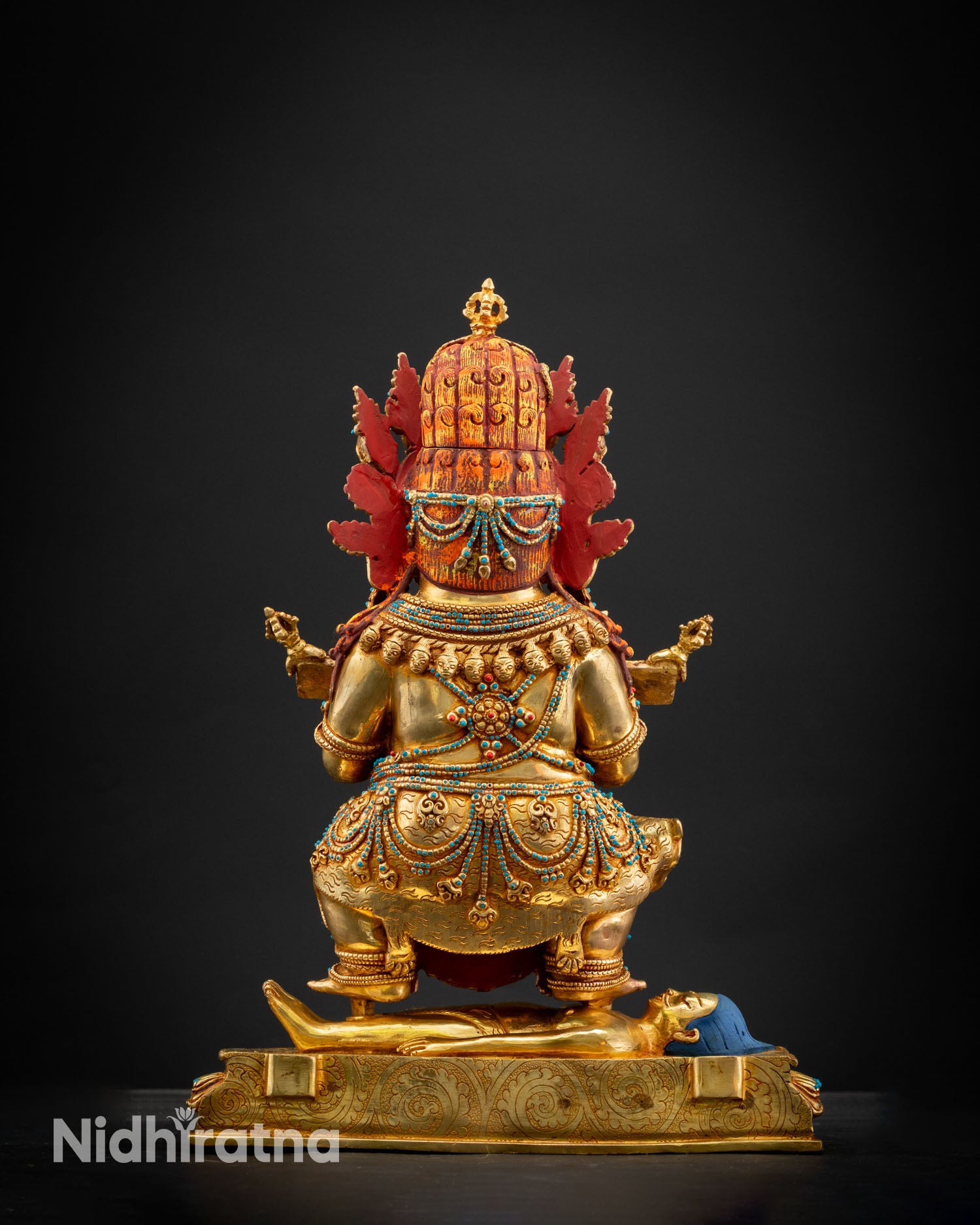 Shakya Mahakala statue back view, sacred Himalayan Buddhist artwork copper sculpture