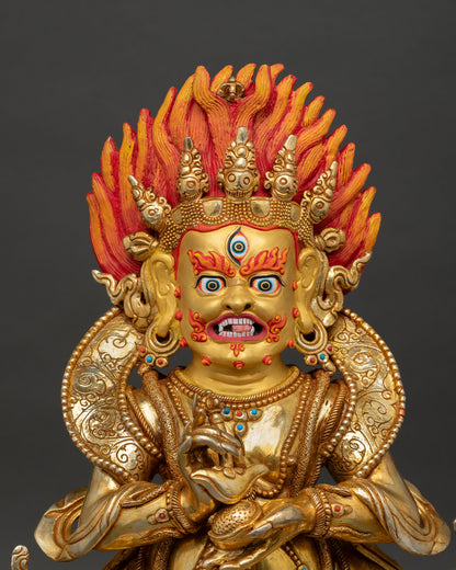 shakya mahakala statue close up view showing intricate lost wax copper detailing, repoussé work and sacred ritual ornaments