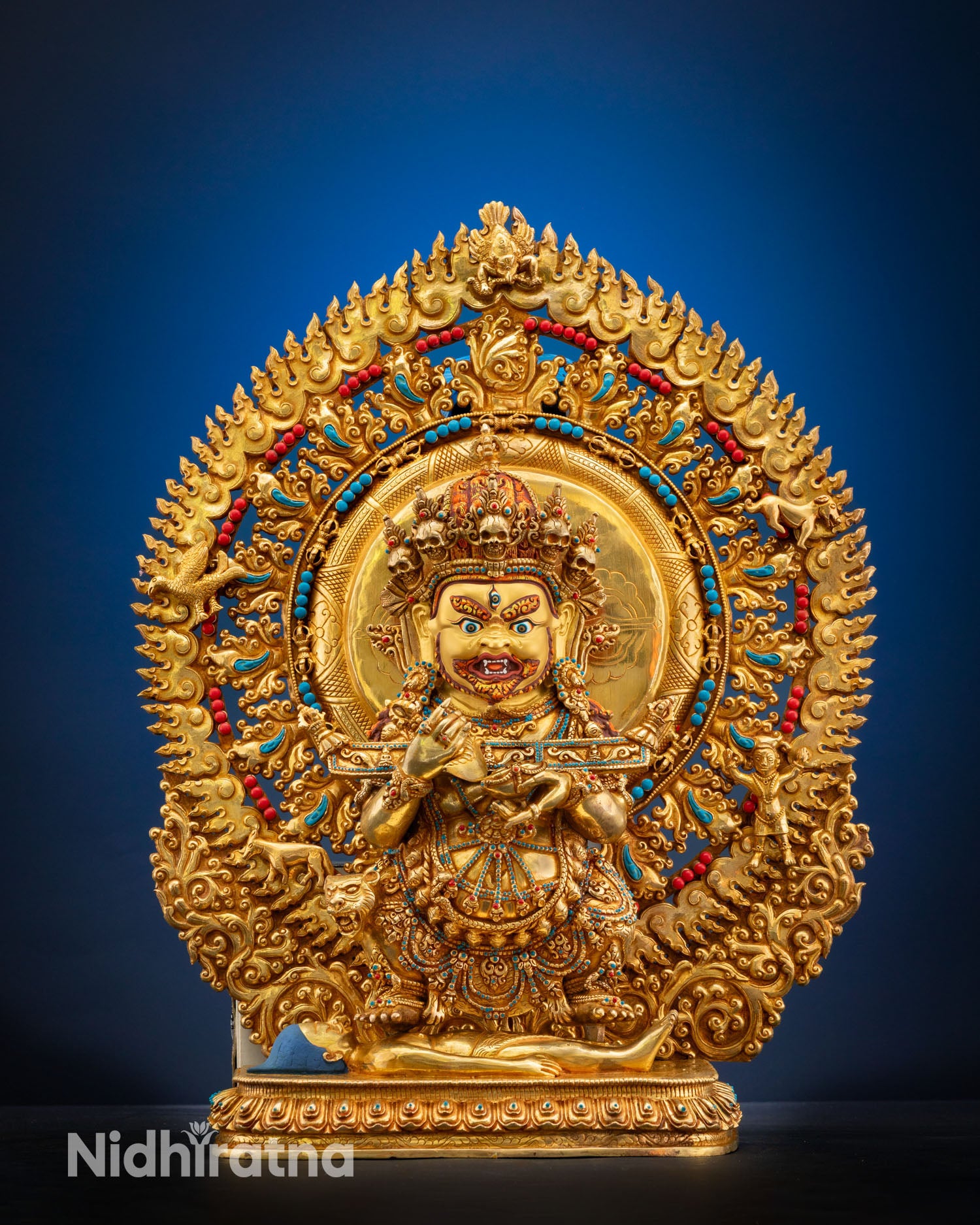 Shakya Mahakala statue front view copper wrathful Vajrayana deity handcrafted Nepal gold gilded face sacred protector sculpture