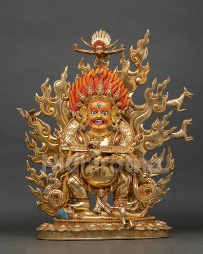shakya mahakala statue front view, handcrafted copper buddhist wrathful guardian deity with gold fire gilding and flaming aureole