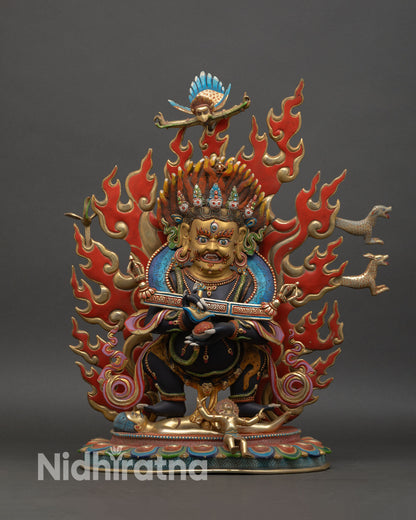 Shakya Mahakala statue front view wrathful Vajrayana protector sculpture handcrafted in copper with 24K gold gilded face from Patan Nepal.
