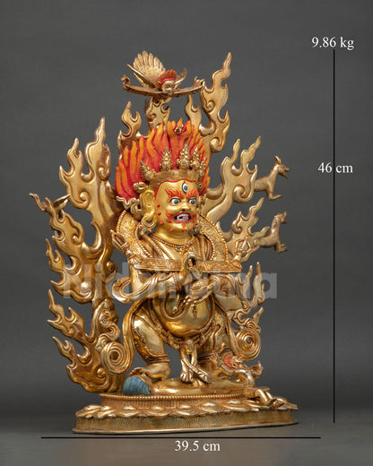 shakya mahakala statue right side view, dynamic posture with ritual implements, ornate lotus pedestal and traditional nepalese metalwork
