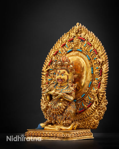 Shakya Mahakala statue right side view lost wax copper sculpture gold gilded accents ritual implements Buddhist protector art