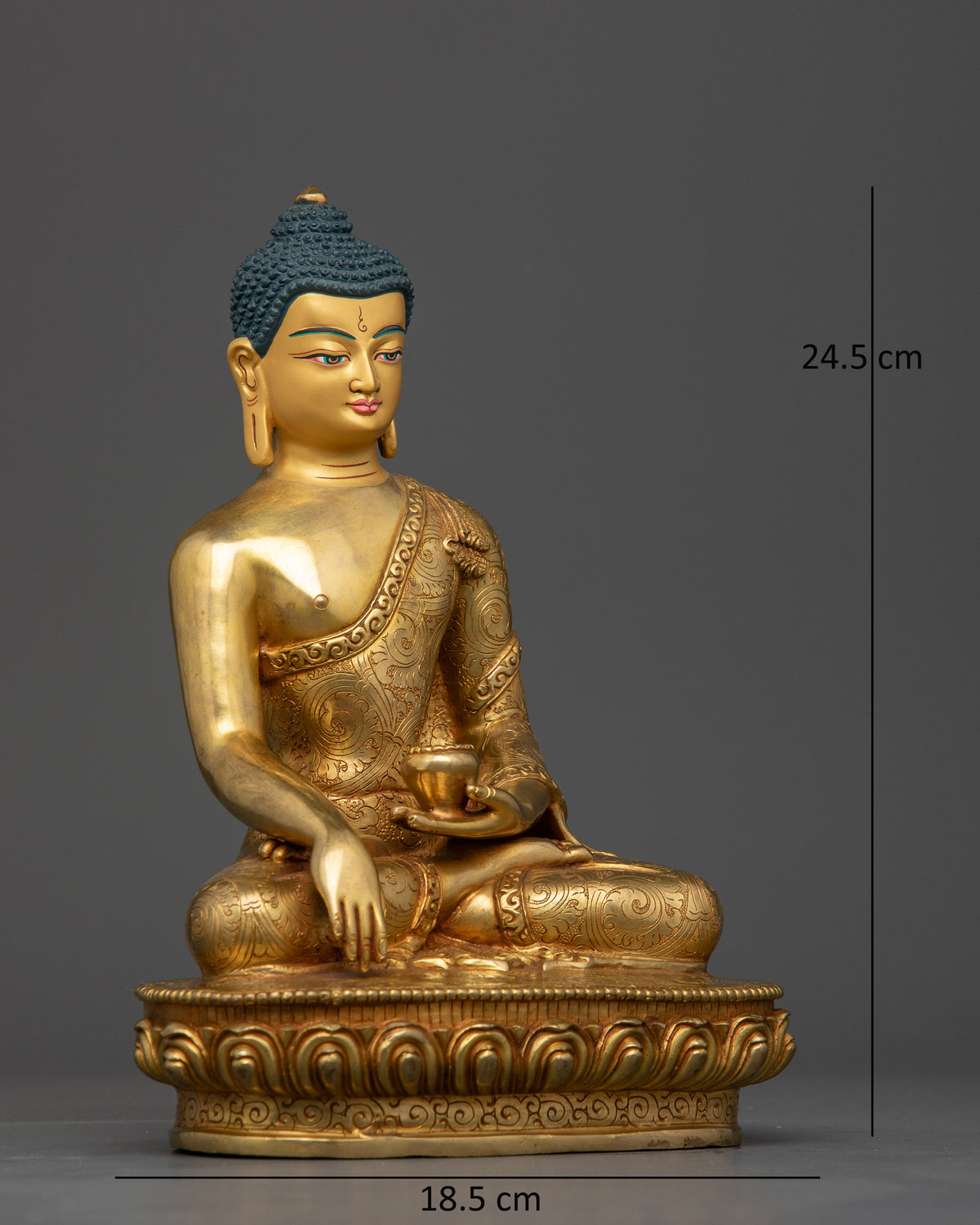 Shakyamuni Buddha in Bhumisparsha Mudra holding an alms bowl with intricately carved floral robe details
