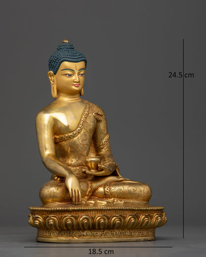 Shakyamuni Buddha in Bhumisparsha Mudra holding an alms bowl with intricately carved floral robe details