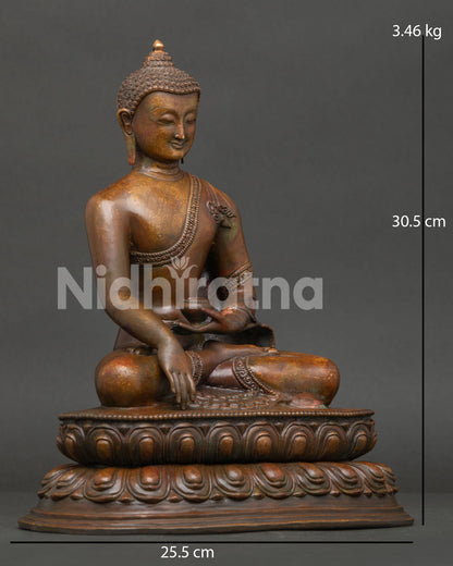 Shakyamuni Buddha Bhumisparsha Mudra holding begging bowl, handcrafted Himalayan Buddhist sculpture from Nepal.
