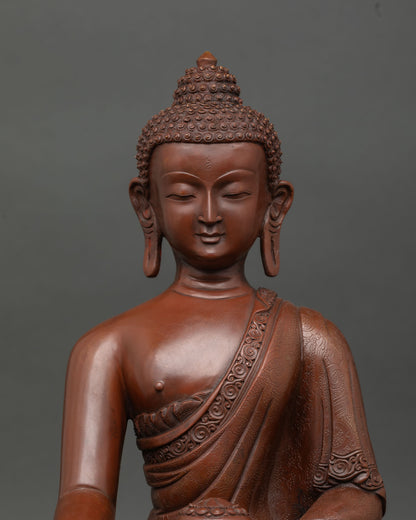 Shakyamuni Buddha close up calm enlightened face copper statue with oxidized finish showing fine details and peaceful expression.