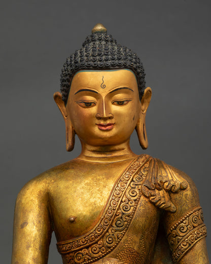Shakyamuni Buddha close up calm face antique finish oxidized copper statue serene meditation expression
