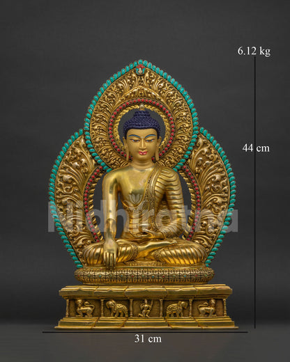 Shakyamuni Buddha copper statue on lotus pedestal in earth-touching gesture, Nepal handmade