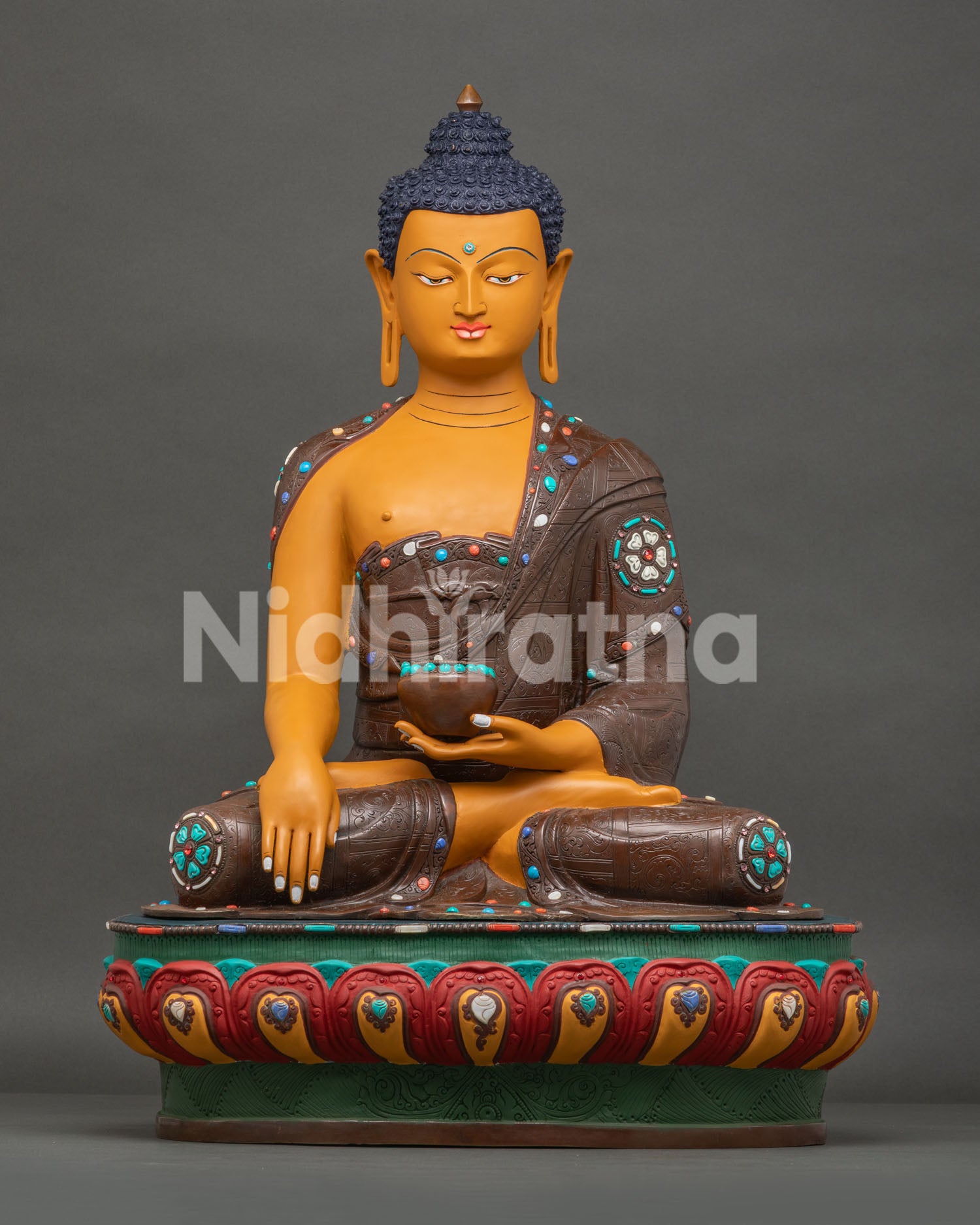 Shakyamuni Buddha copper statue with acrylic-painted finish and engraved robe handcrafted in Nepal