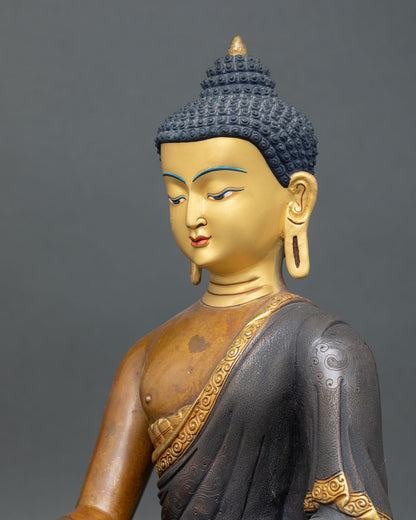 Shakyamuni Buddha Detailed Side Close Up Monastic Robe Gold Gilded Copper Art