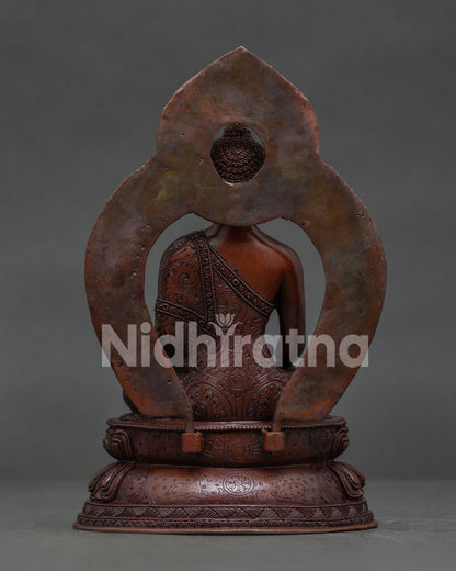 Shakyamuni Buddha double lotus throne with vajra dharma chakra and deer artwork.