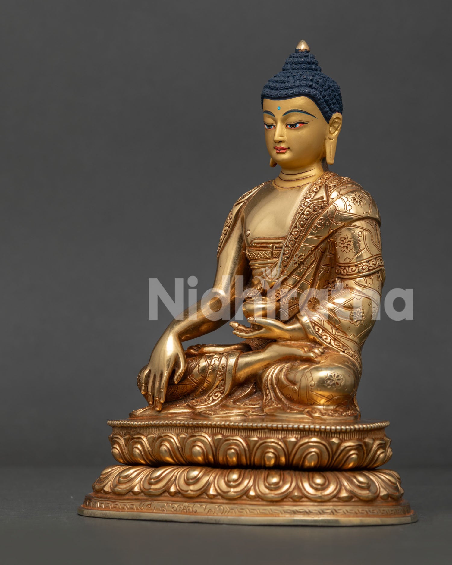 Shakyamuni Buddha Earth Touching Mudra with Begging Bowl and Double Lotus Base Side View.