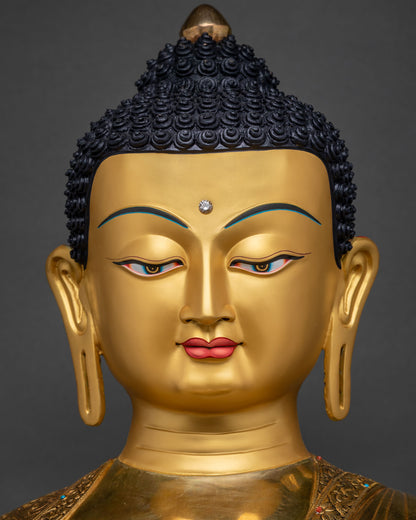 Shakyamuni Buddha Face Close Up Serene Expression Gold Fire-Gilded Statue