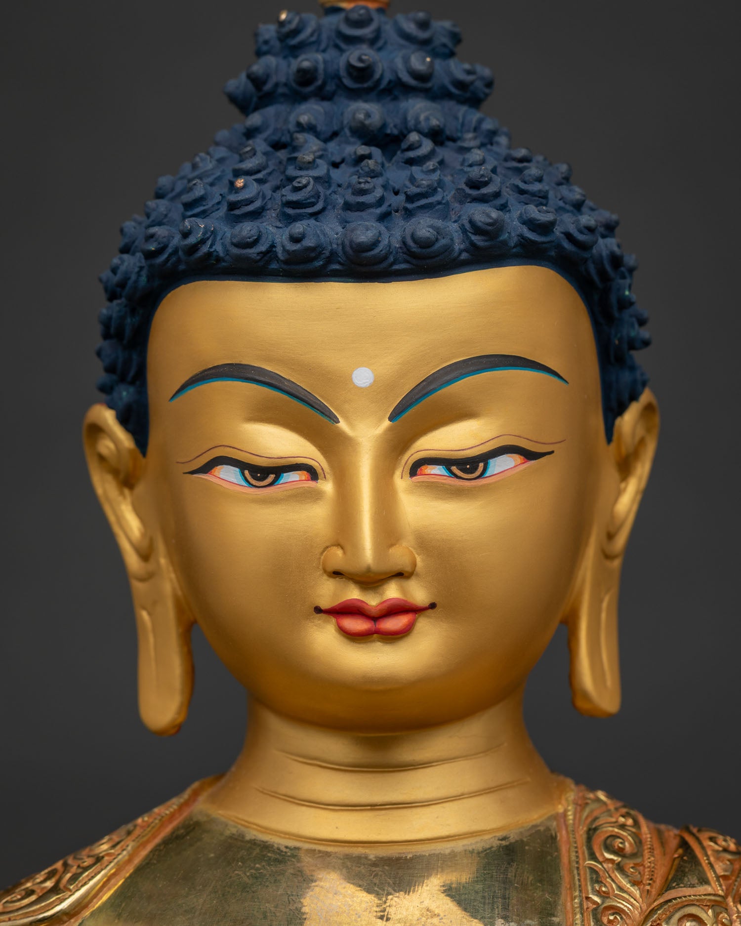 Shakyamuni Buddha Face Closeup 24K Gold Painted Serene Expression Nepal Art
