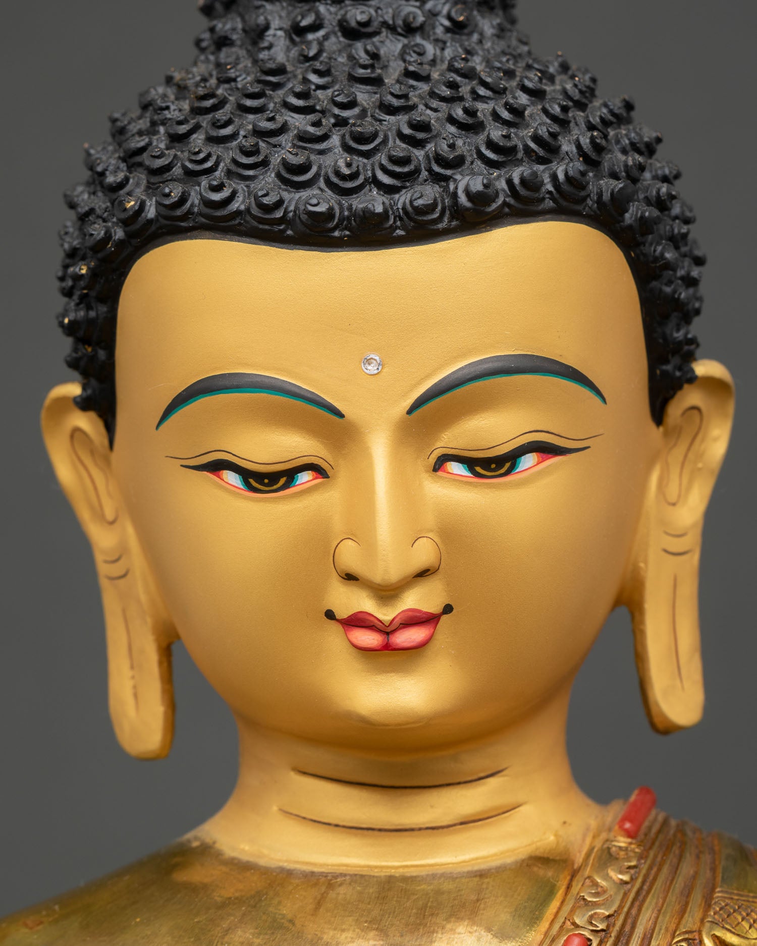 Shakyamuni Buddha Face Detail Serene Expression Gold Painting Buddhist Statue