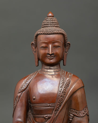 Shakyamuni Buddha face detail showing peaceful expression, Himalayan Buddhist craftsmanship, and enlightened presence.