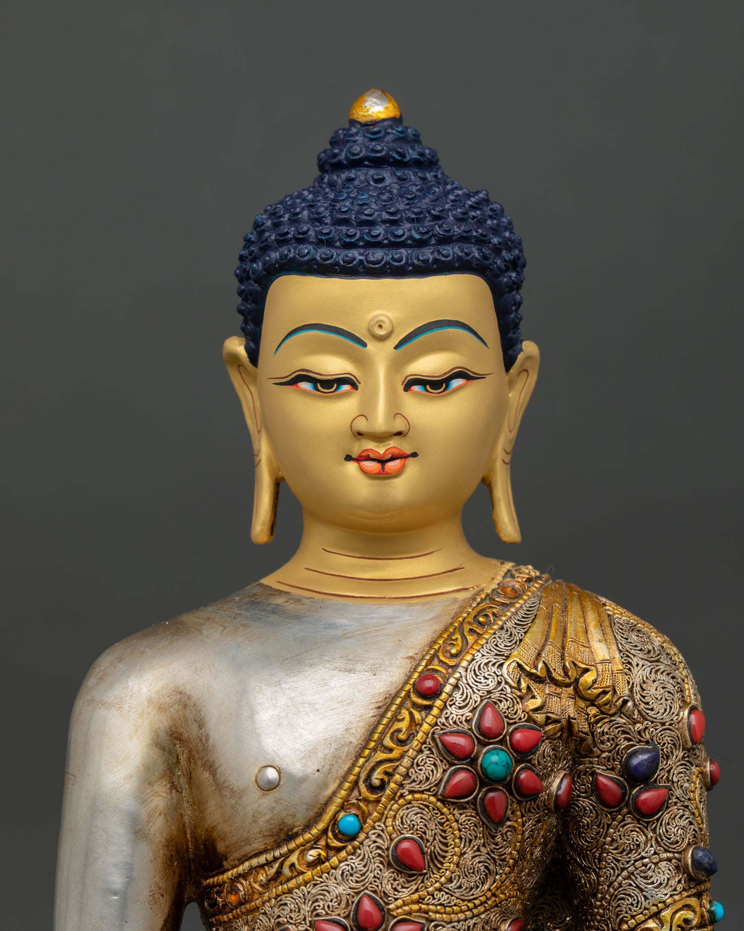 Shakyamuni Buddha Face with Serene Expression, Hand Painted with Gold Finish and Semi Precious Stone Embellishments