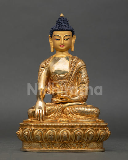 Shakyamuni Buddha figurine with alms bowl, 24K gold fire-gilded copper statue from Nepal