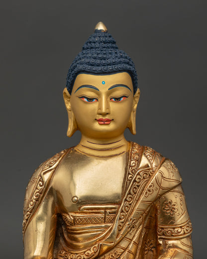 Shakyamuni Buddha Gold Painted Face with Handcarved Floral Robe Close Up Detail.