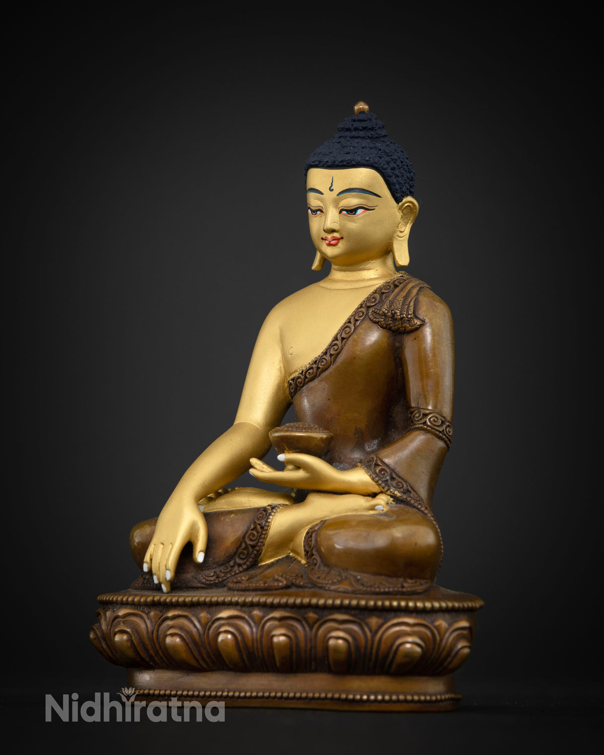 Shakyamuni buddha holding alms bowl with earth touching mudra.