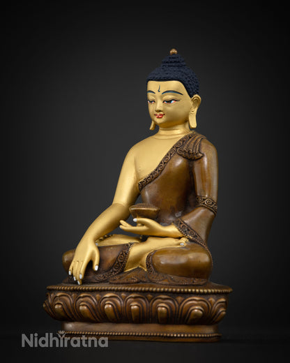 Shakyamuni buddha holding alms bowl with earth touching mudra.