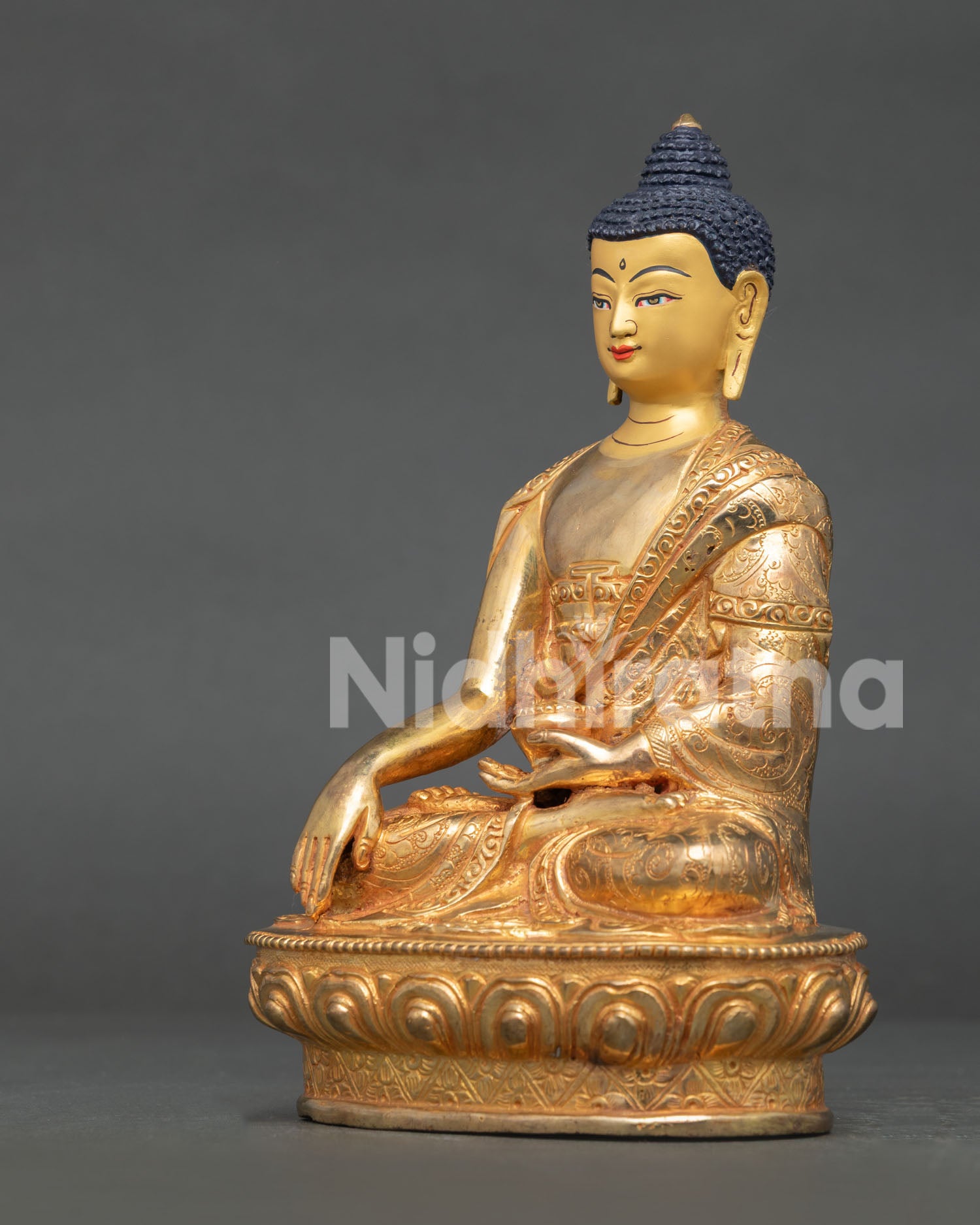 Shakyamuni Buddha Holding Traditional Begging Bowl with Floral Monk Robe.
